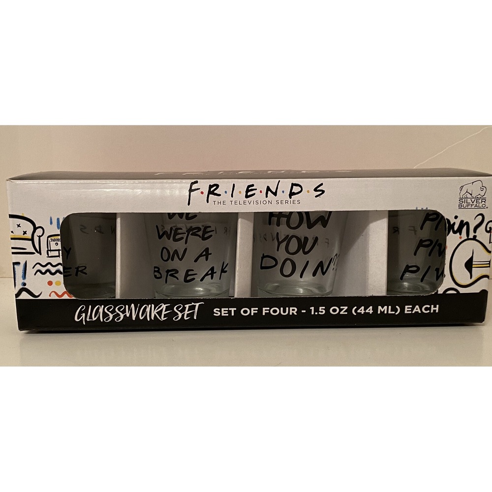 Silver Buffalo Friends TV Show Shot Glass Set 4 Pack 1.5oz Quotes Clear Glass